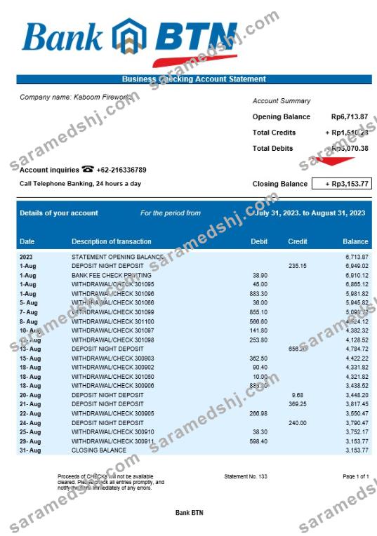 Bank BTN company account statement Word and PDF template